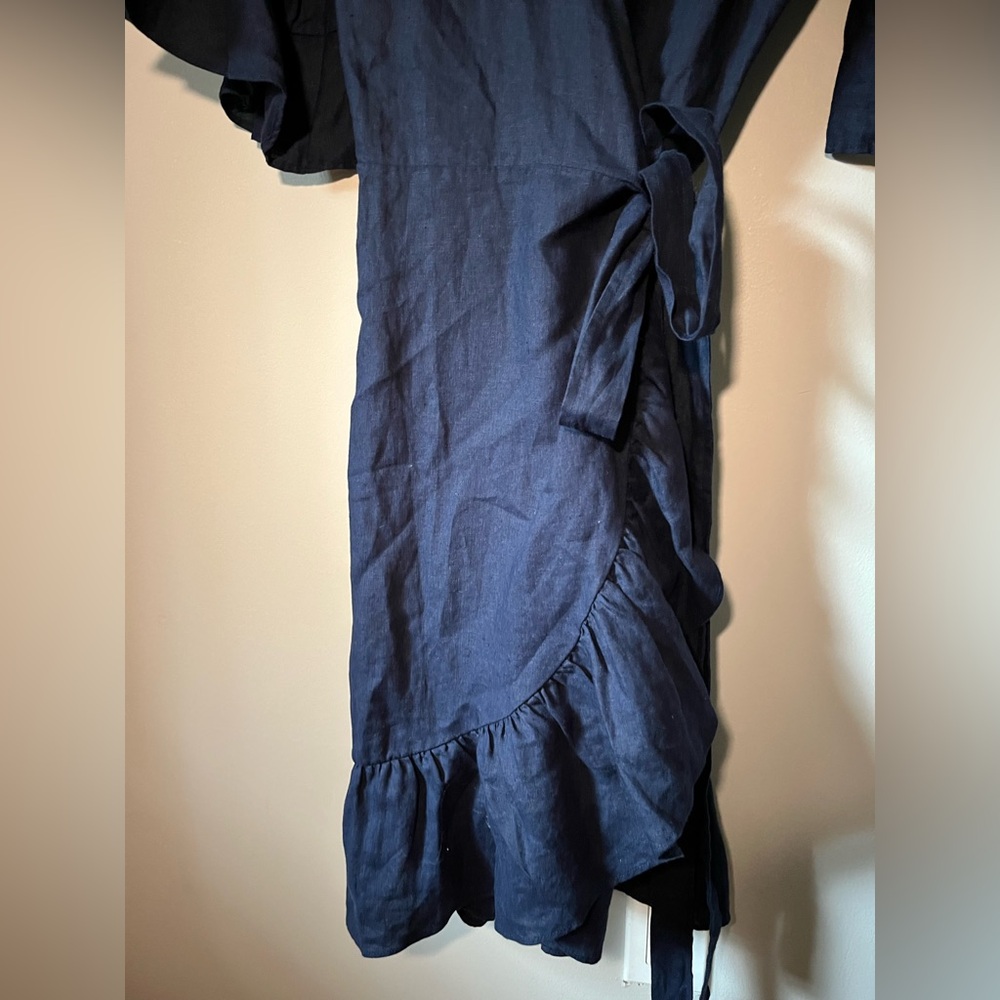GAP Blue 100% Linen, Ruffled Flutter Sleeve Wrap Sundress Mini - Picture 4 of 6